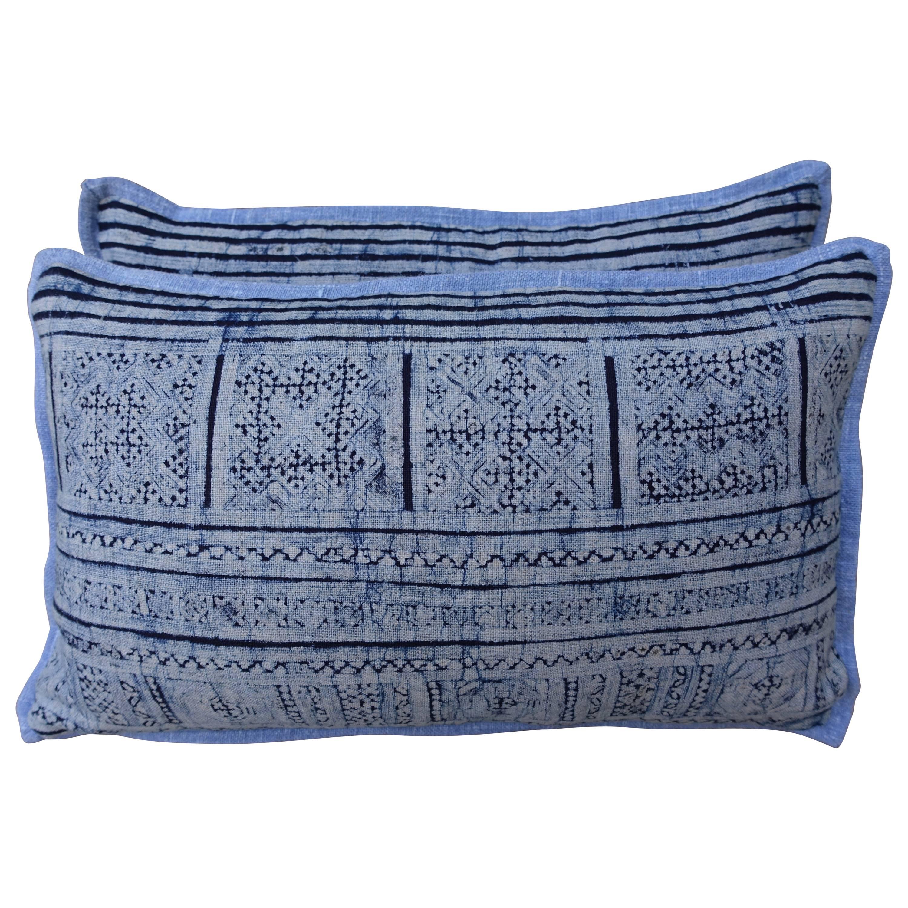 Navy and Light Blue Patterned Batik Pillows, Pair
