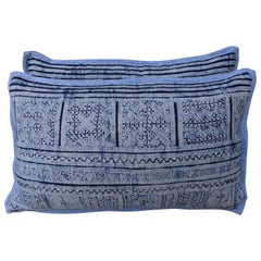 Vintage Navy and Light Blue Patterned Batik Pillows, Pair