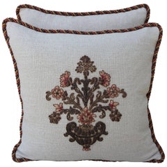 Natural Linen Pillows with Metallic Embroidered Appliques, Pair