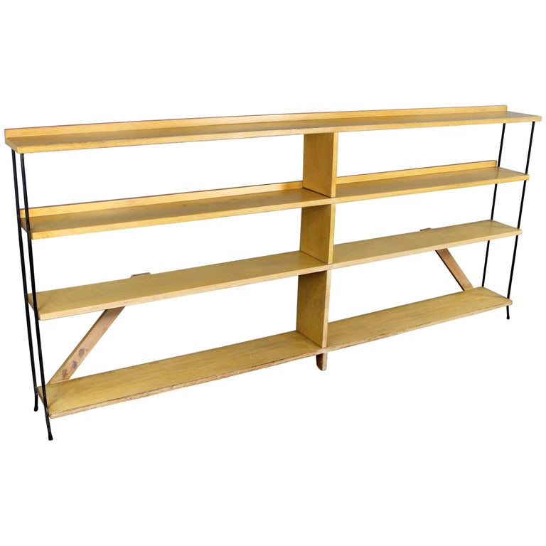 MidCentury Modern Minimalist Iron and Blonde Oak Bookcase Shelf Room
