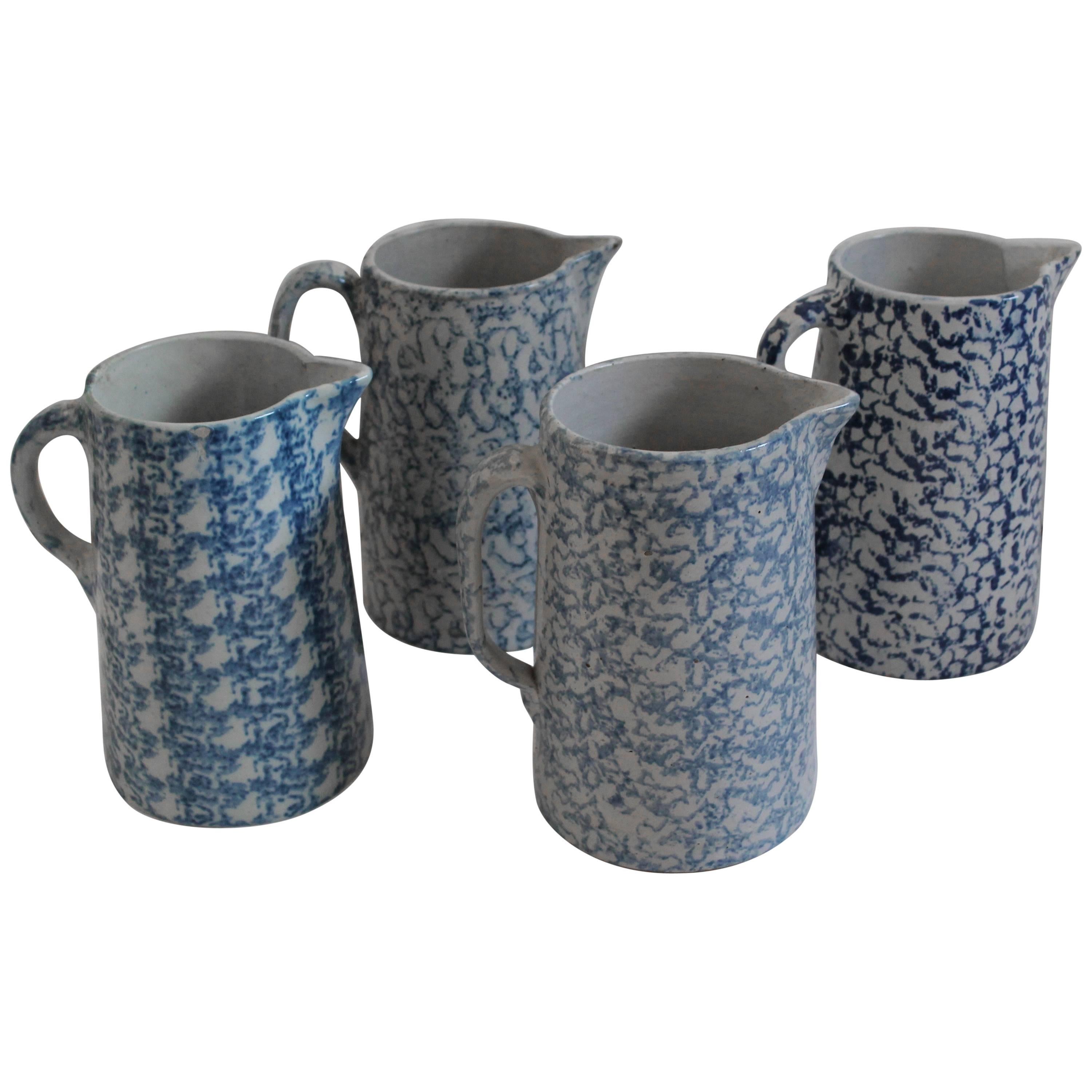 Collection of Four 19th Century Spongeware Pottery Pitchers