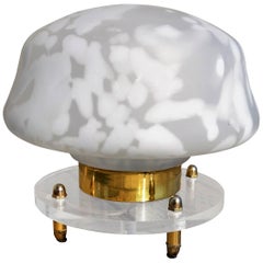 Italian White and Frosted Glass Mushroom Lamp Lucite and Brass Base