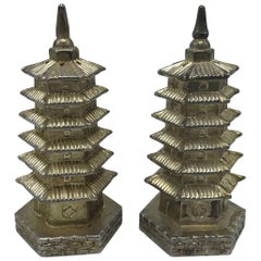 Vintage 1980s Pagoda Silver Plate Sculptural Salt and Pepper Shakers, Pair