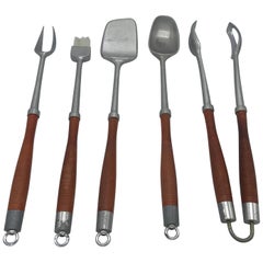 1960s Modern Teak and Aluminum Grill Tools, Set of Five