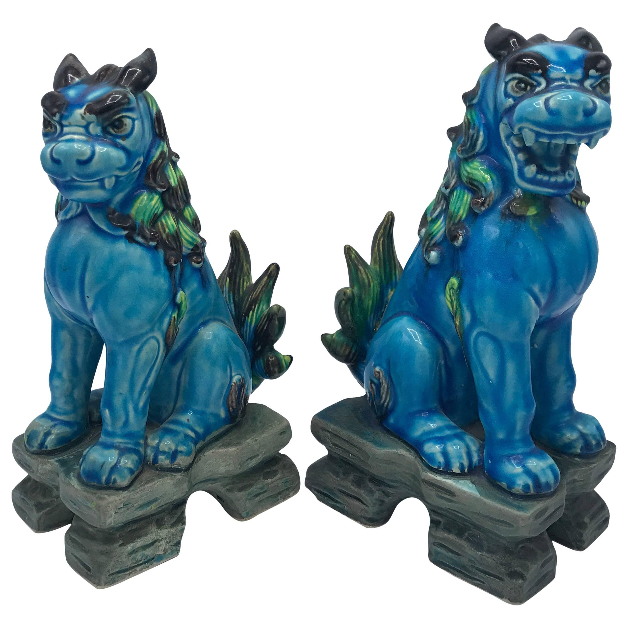 1960s Blue and Green Polychrome Foo Dogs, Pair