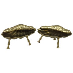 1960s Brass Seashell Catchall Dishes with Faux Bamboo Feet, Pair