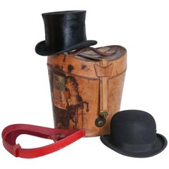 19th Century Leather Hat Box Containing Two Men's Hats
