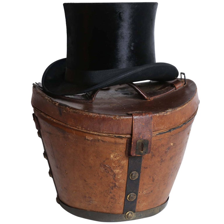 Victorian Leather Hat Box with Top Hat at 1stDibs