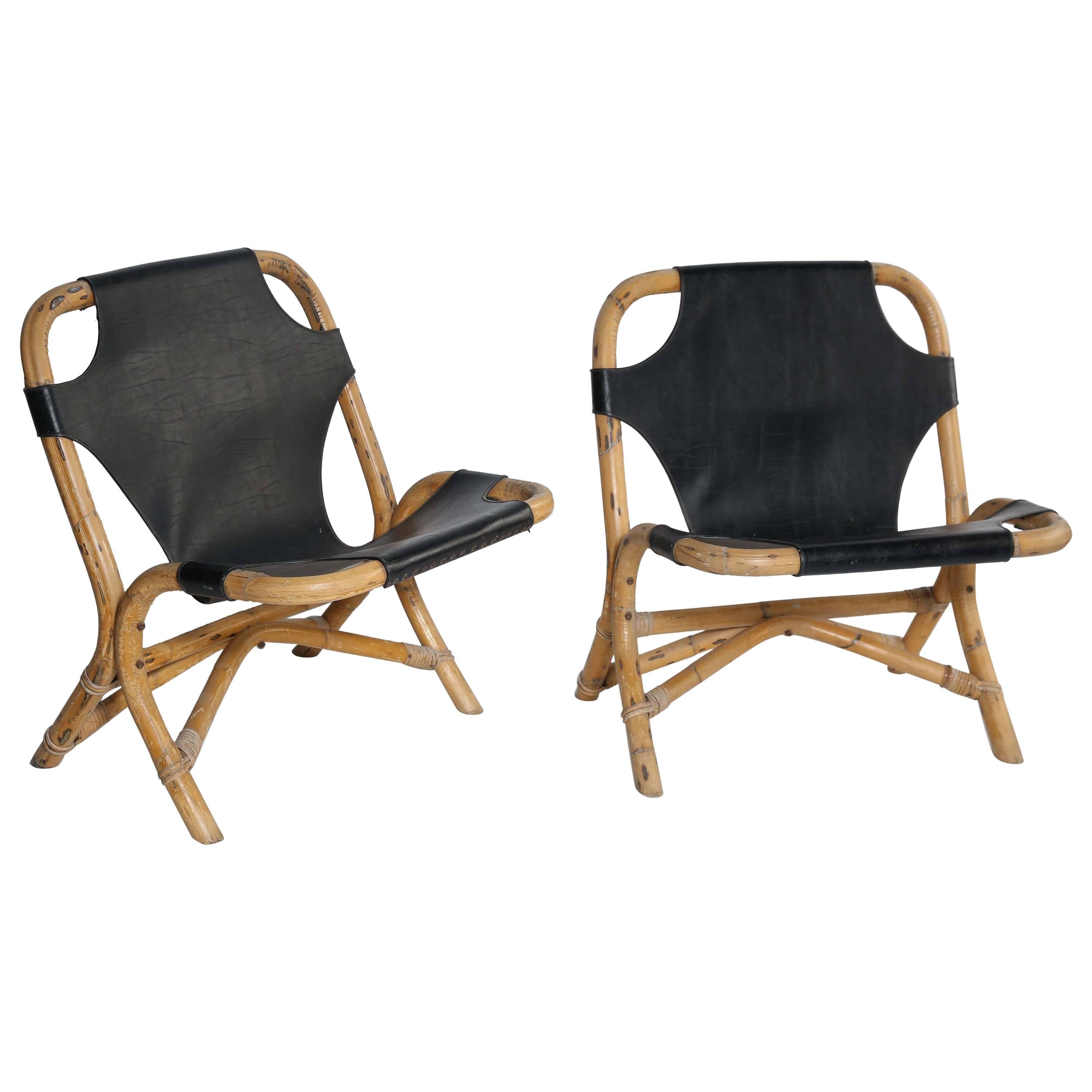 Pair of Bamboo and Leather Chairs
