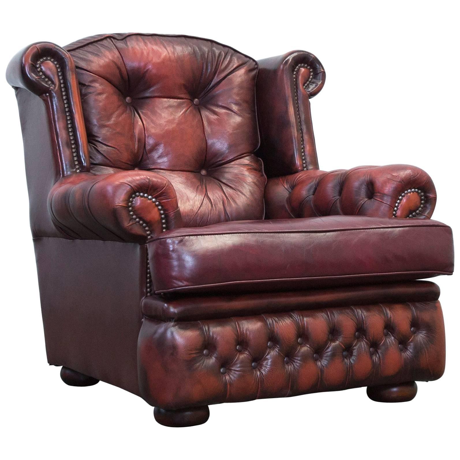 Chesterfield Leather Armchair Red Brown One Seat Chair Couch Vintage Retro