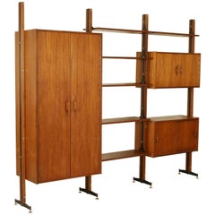 Bookcase Teak Veneer Metal Brass Vintage, Italy, 1960s 6