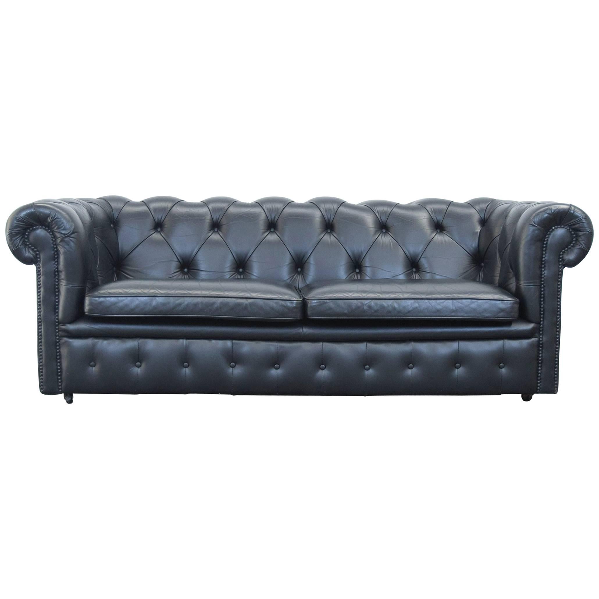 Springvale Chesterfield Sofa Black Leather Two-Seat Couch Vintage Retro