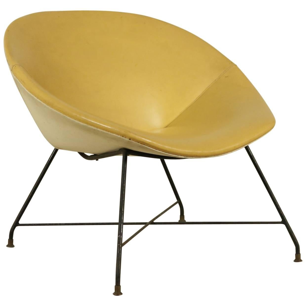 Armchair by Augusto Bozzi for Saporiti Metal Brass Leatherette Vintage, Italy