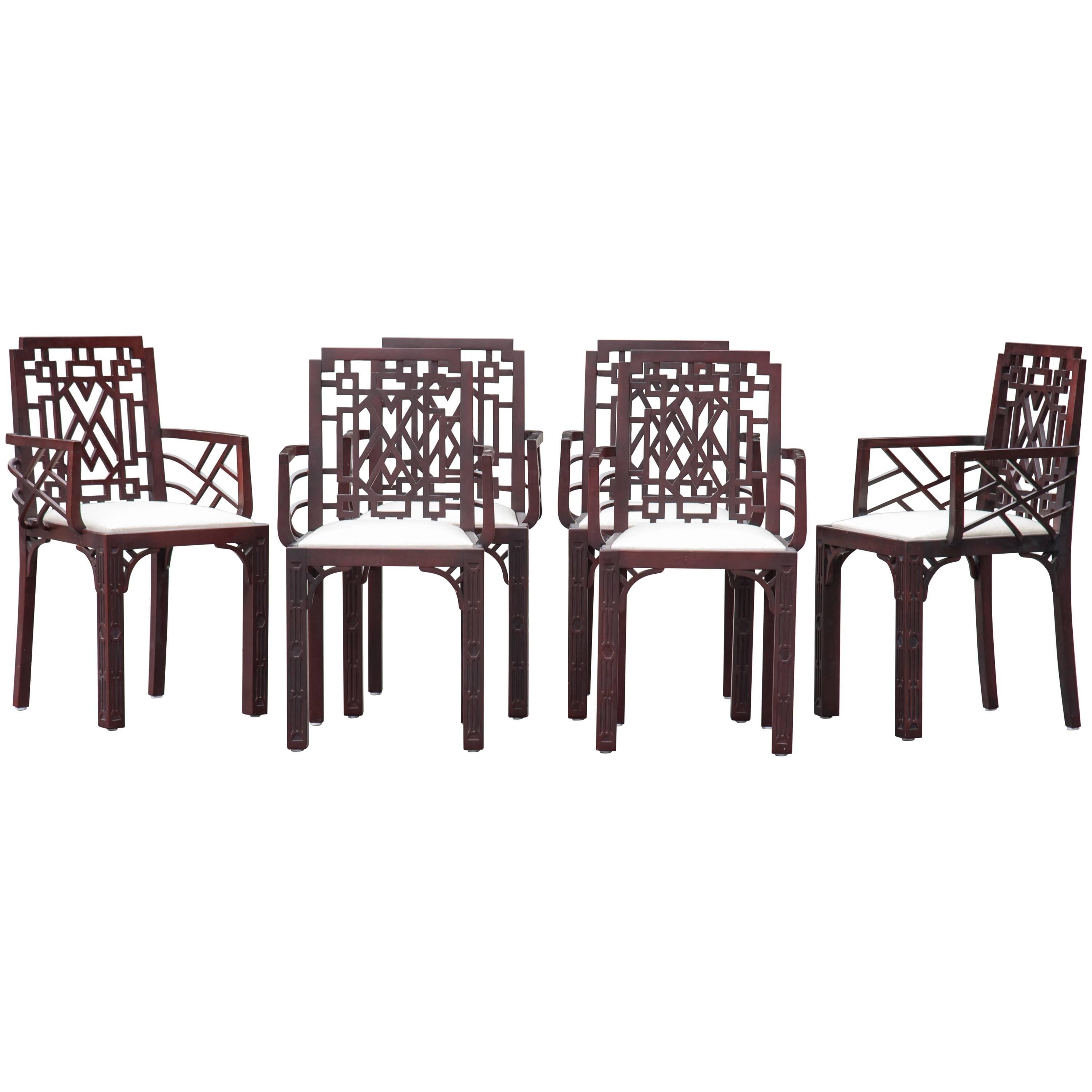 Set of Six Gorgeous Chinese Chippendale Style Fretwork Dining Chairs