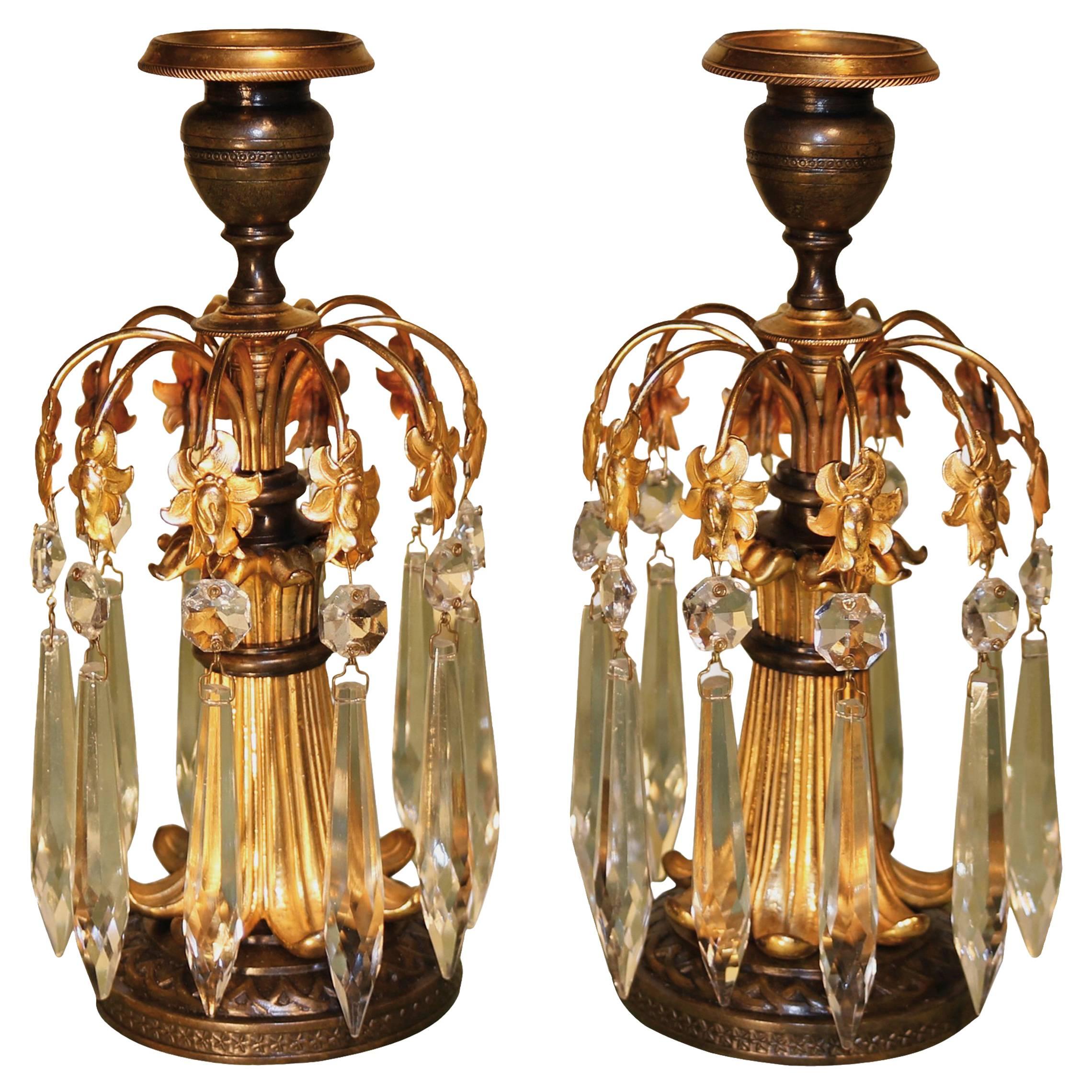 19th Century bronze and ormolu lustre candlesticks