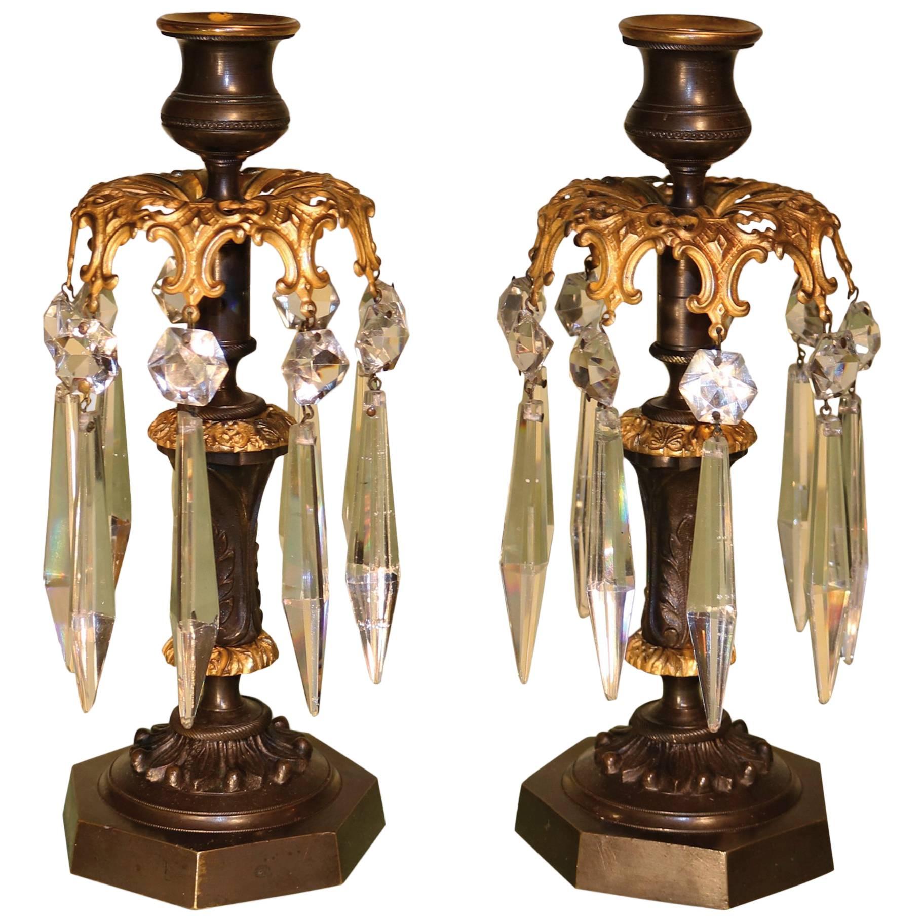 Antique bronze and ormolu lustre candlesticks