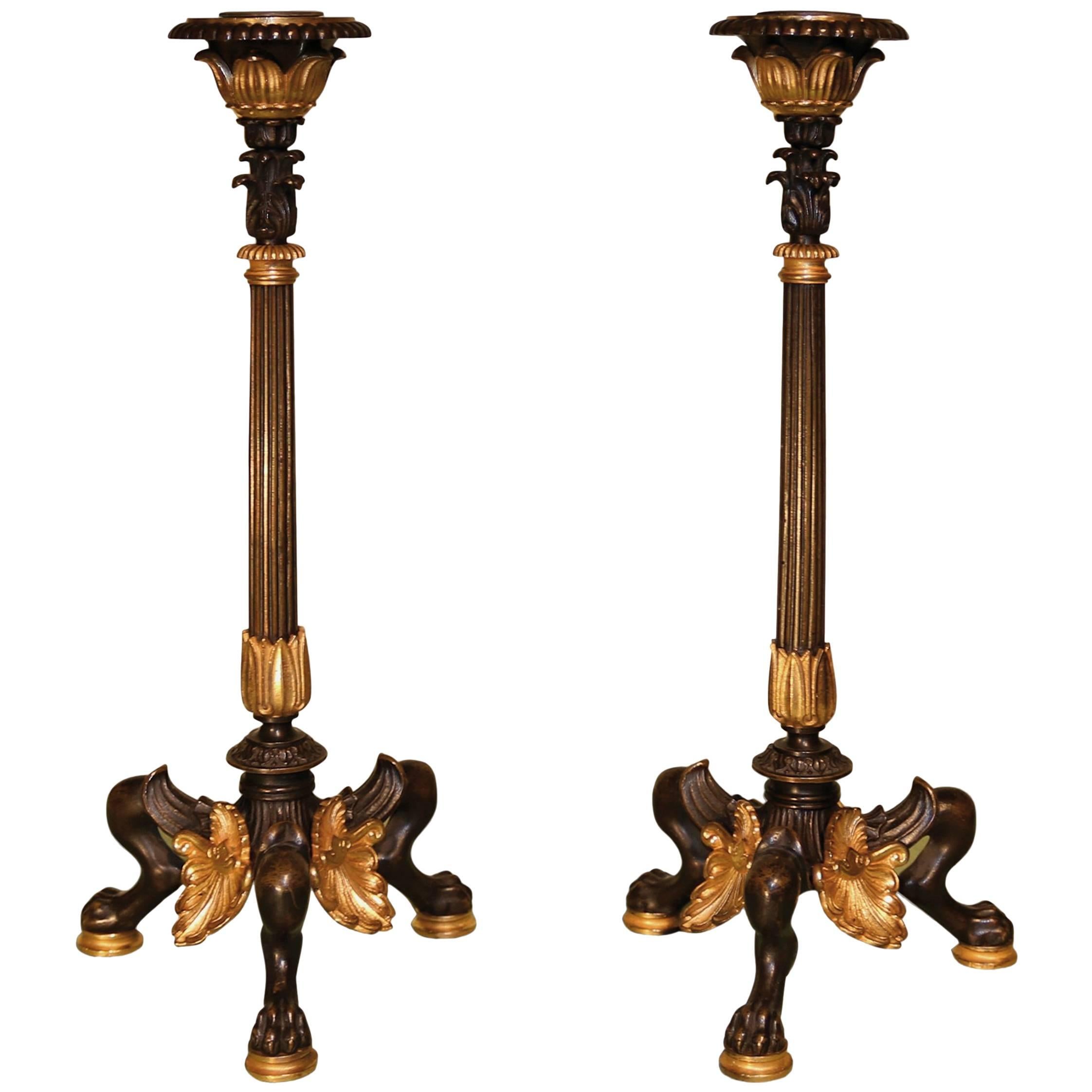 19th Century bronze and ormolu Pompeian candlesticks