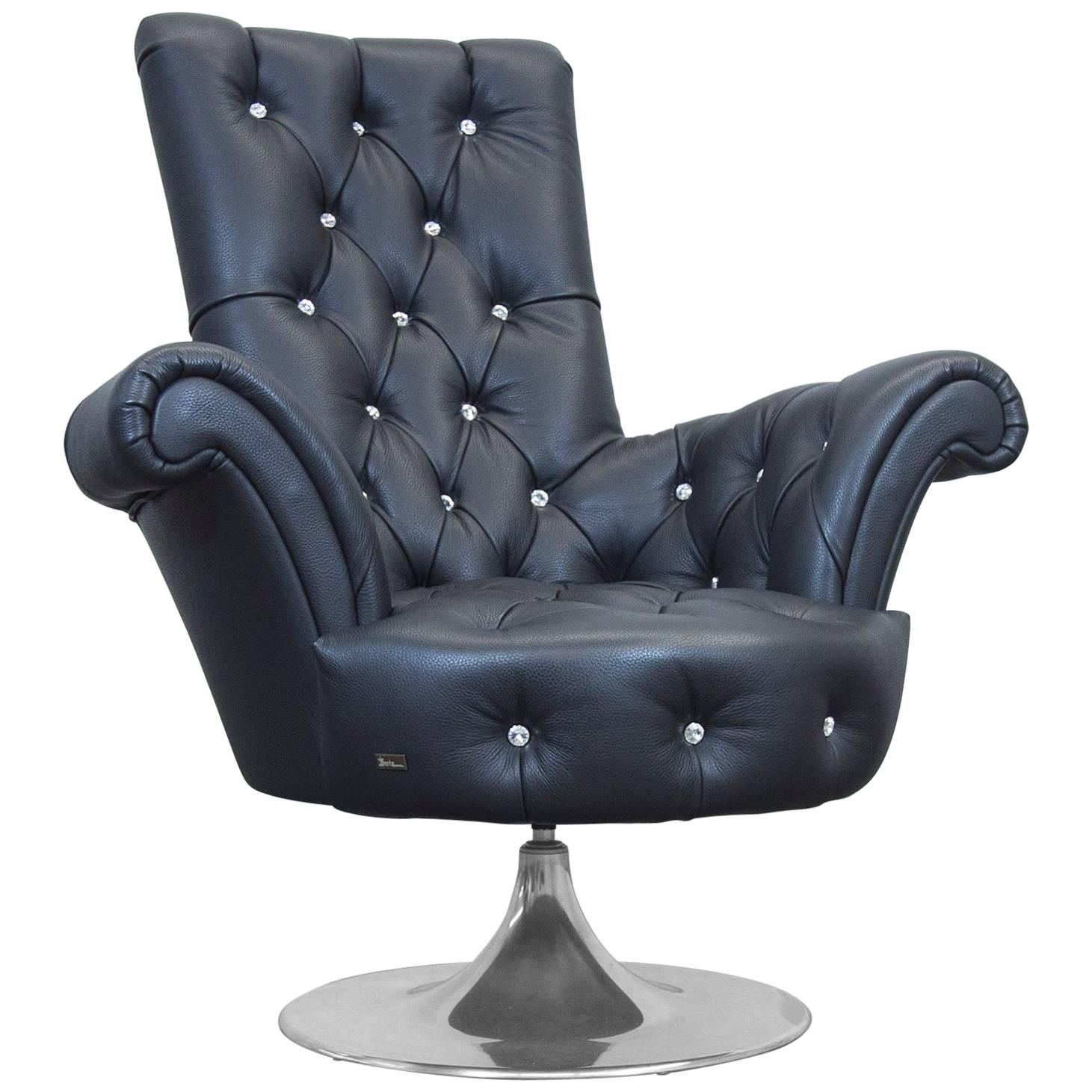 Bretz Pompadour Designer Leather Swivel Chair Black Swarovski Chesterfield