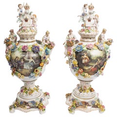 Vintage Pair of Large Dresden Style Hand-Painted Porcelain Vases, 20th Century