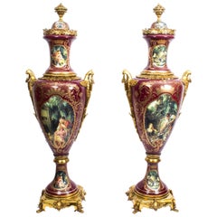 Pair of Huge Gilded French Sèvres Style Rouge Porcelain Vases