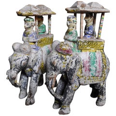 Antique Pair of Statues, Carved Wood Representing Elephants, India, 17th Century