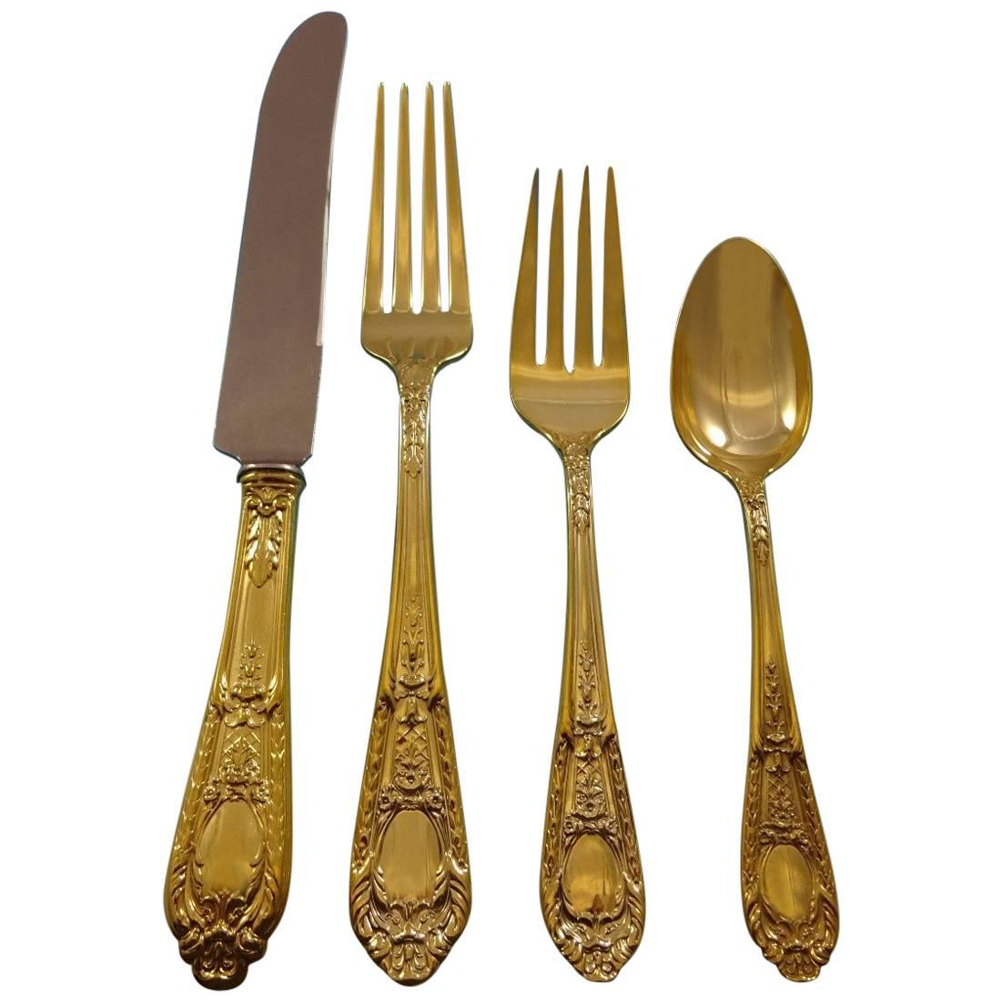 Fontaine Gold by International Sterling Silver Flatware Set Service 8 Vermeil For Sale