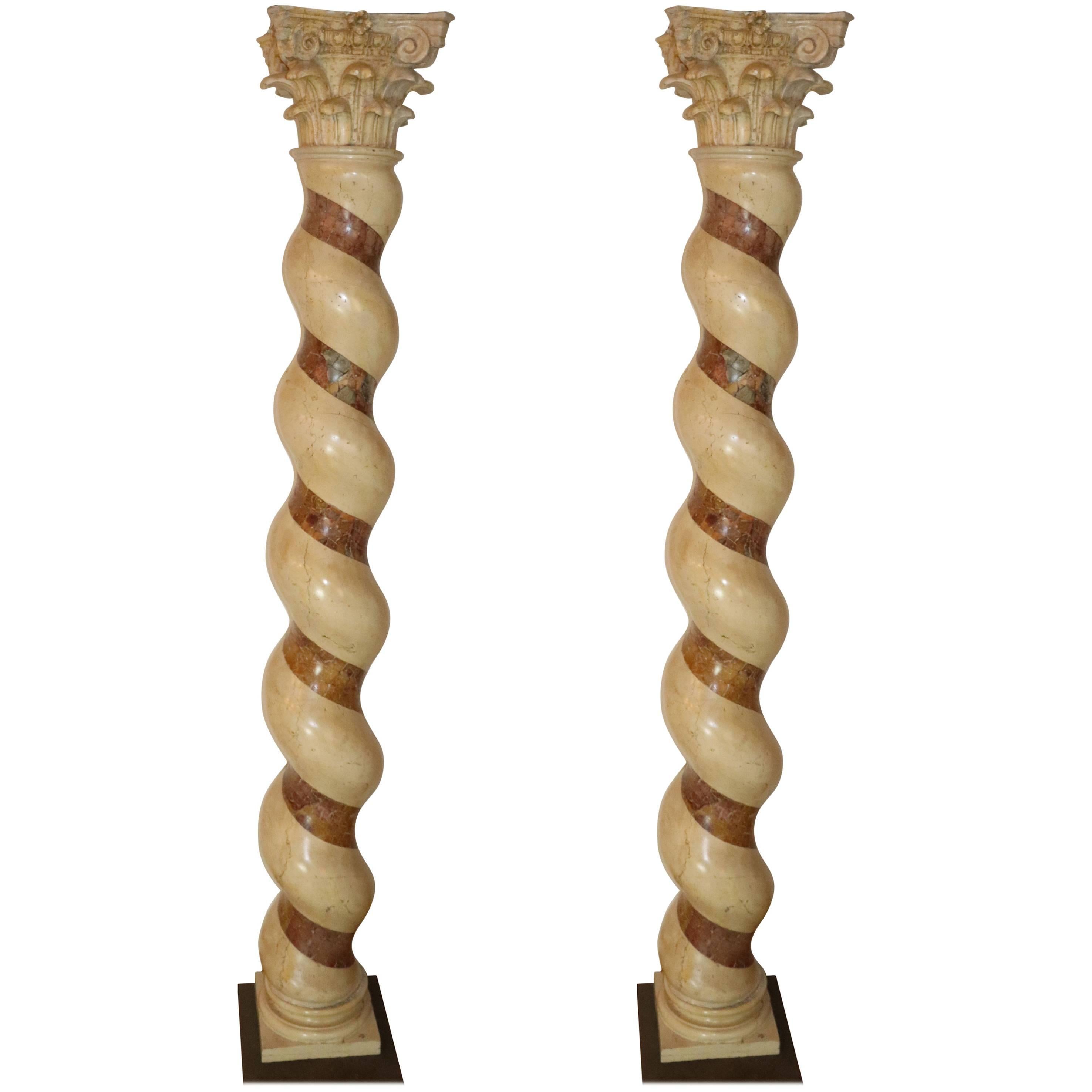 Pair of 17th Century Pietra Dura Marble Pillars For Sale