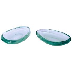 Pair of Fontana Arte Aquamarine Coloured Glass Dishes, Italy