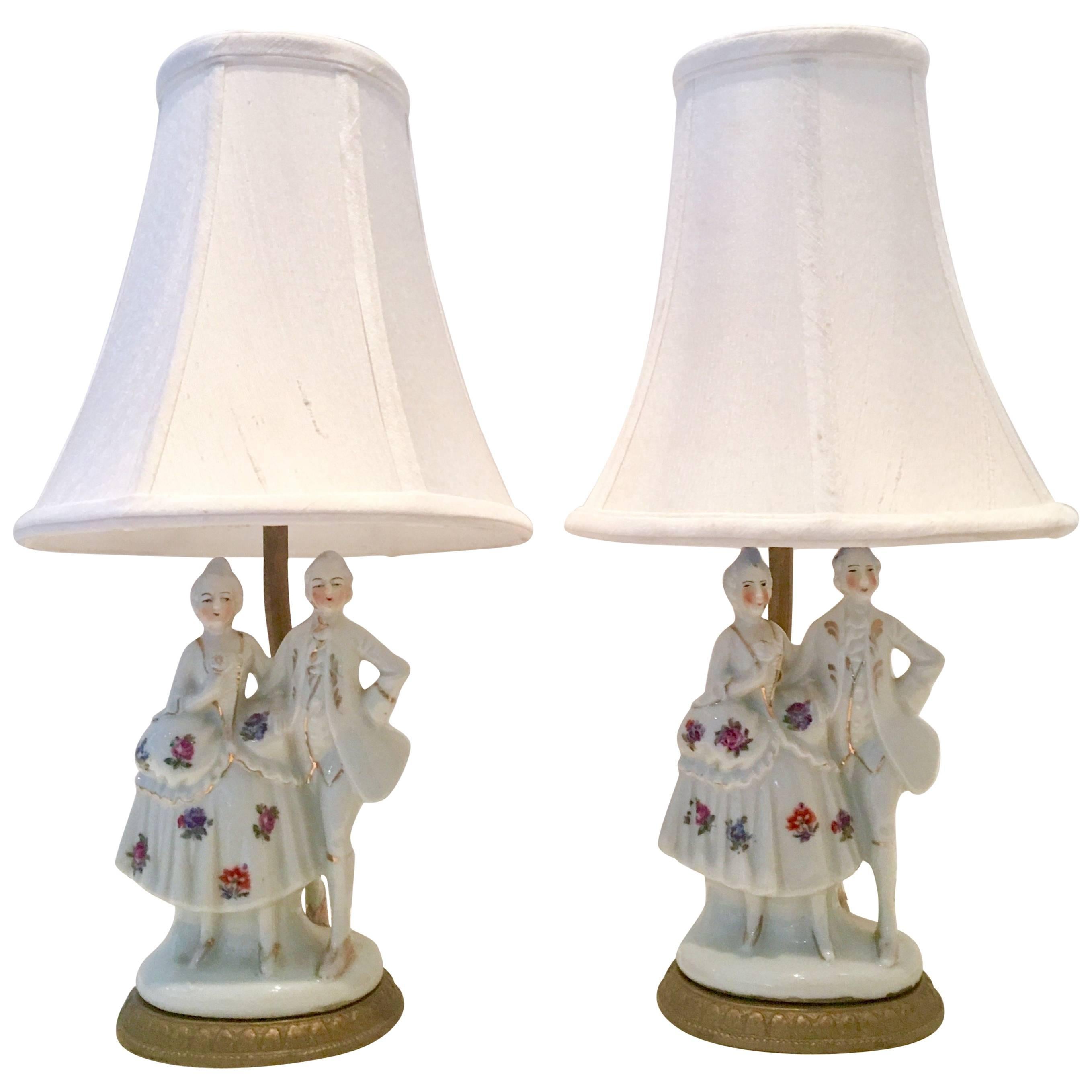 Pair of Meissen Style Hand-Painted Bronze-Mounted Courting Couple Lamps For Sale