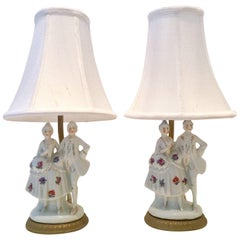 Pair of Meissen Style Hand-Painted Bronze-Mounted Courting Couple Lamps