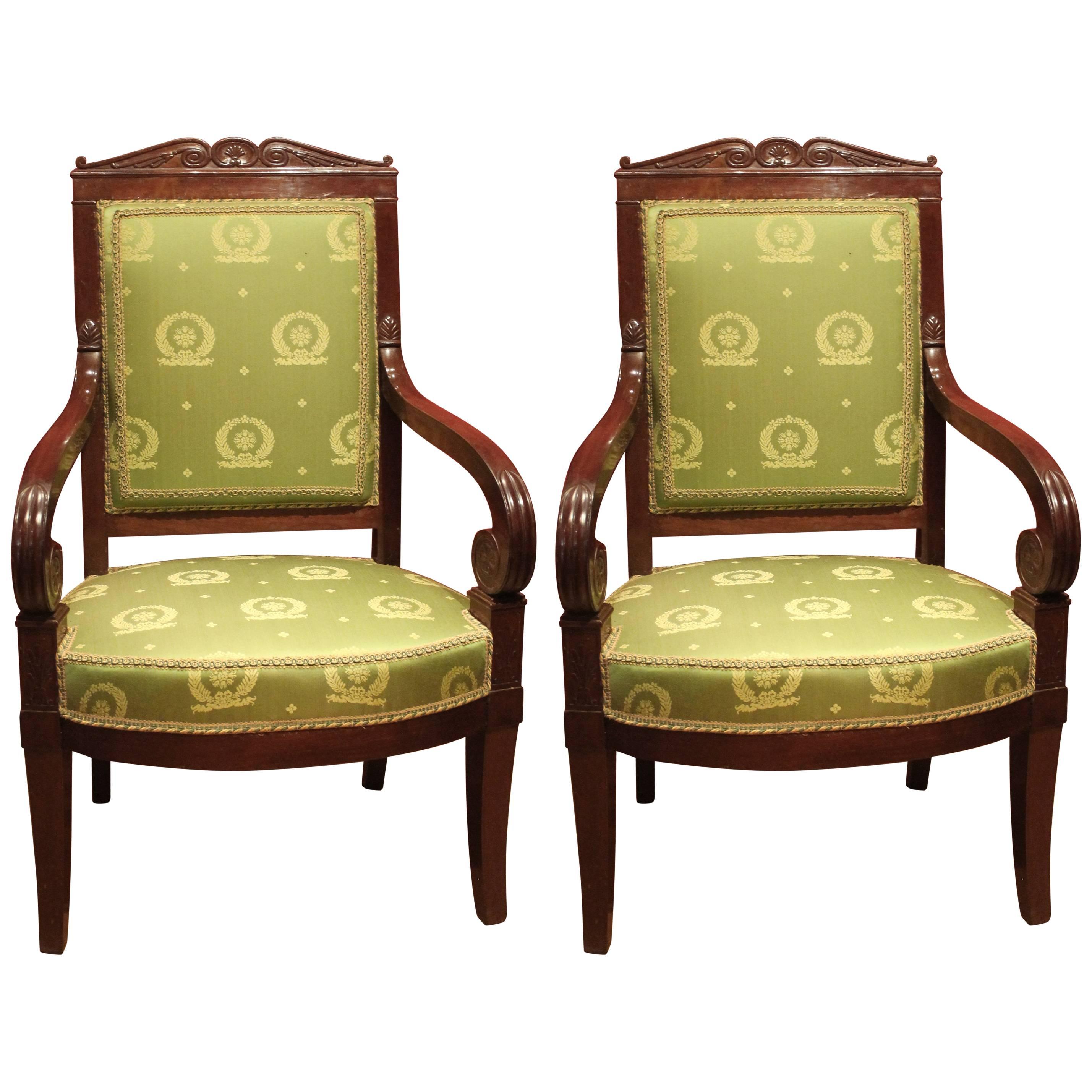 George Jacob 18th Century Pair of Mahogany and Green Silk Upholstered Armchairs 
