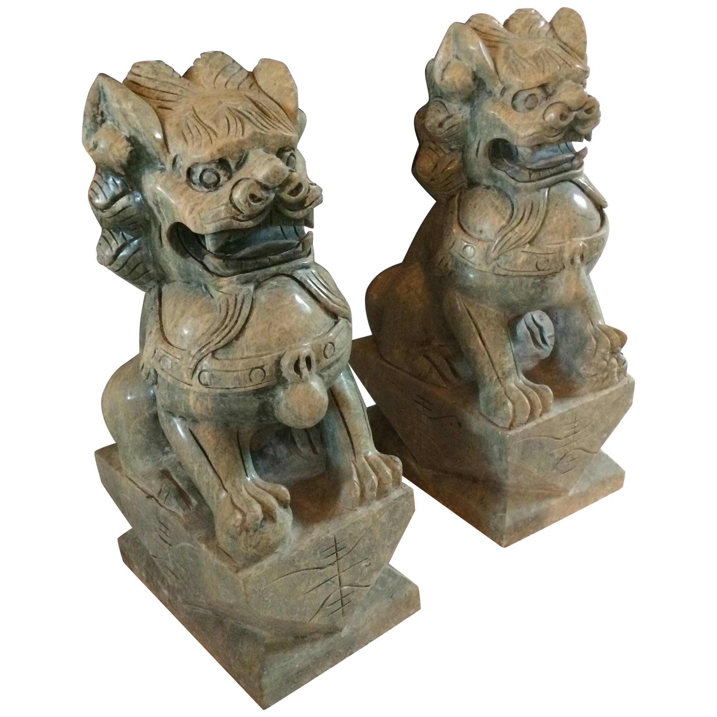 Magnificent Pair of Heavy Light Green Stone Foo Dog Sculptures