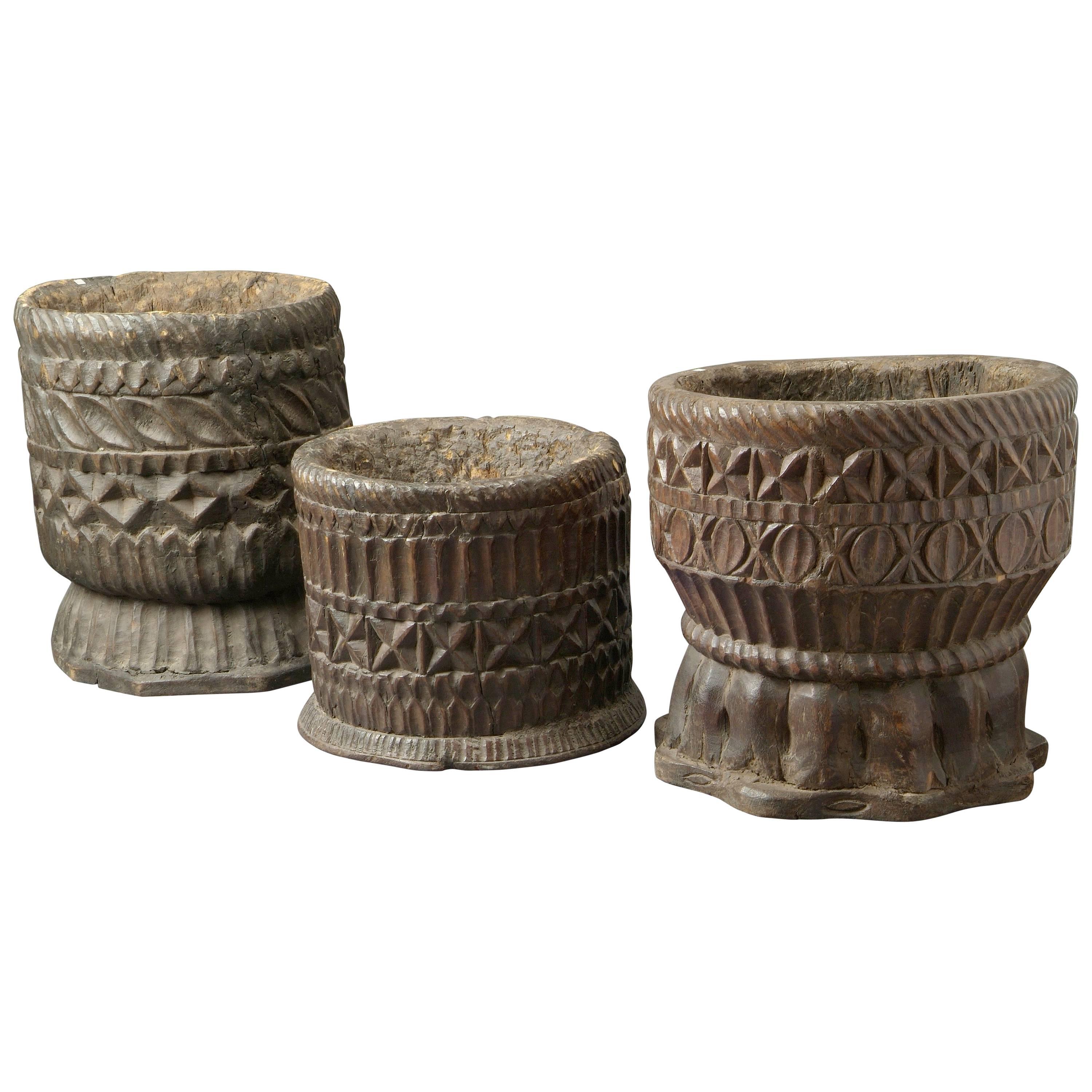Set of Wooden Mortars Carved in the Form of Elephant Feet, India, 18th Century For Sale
