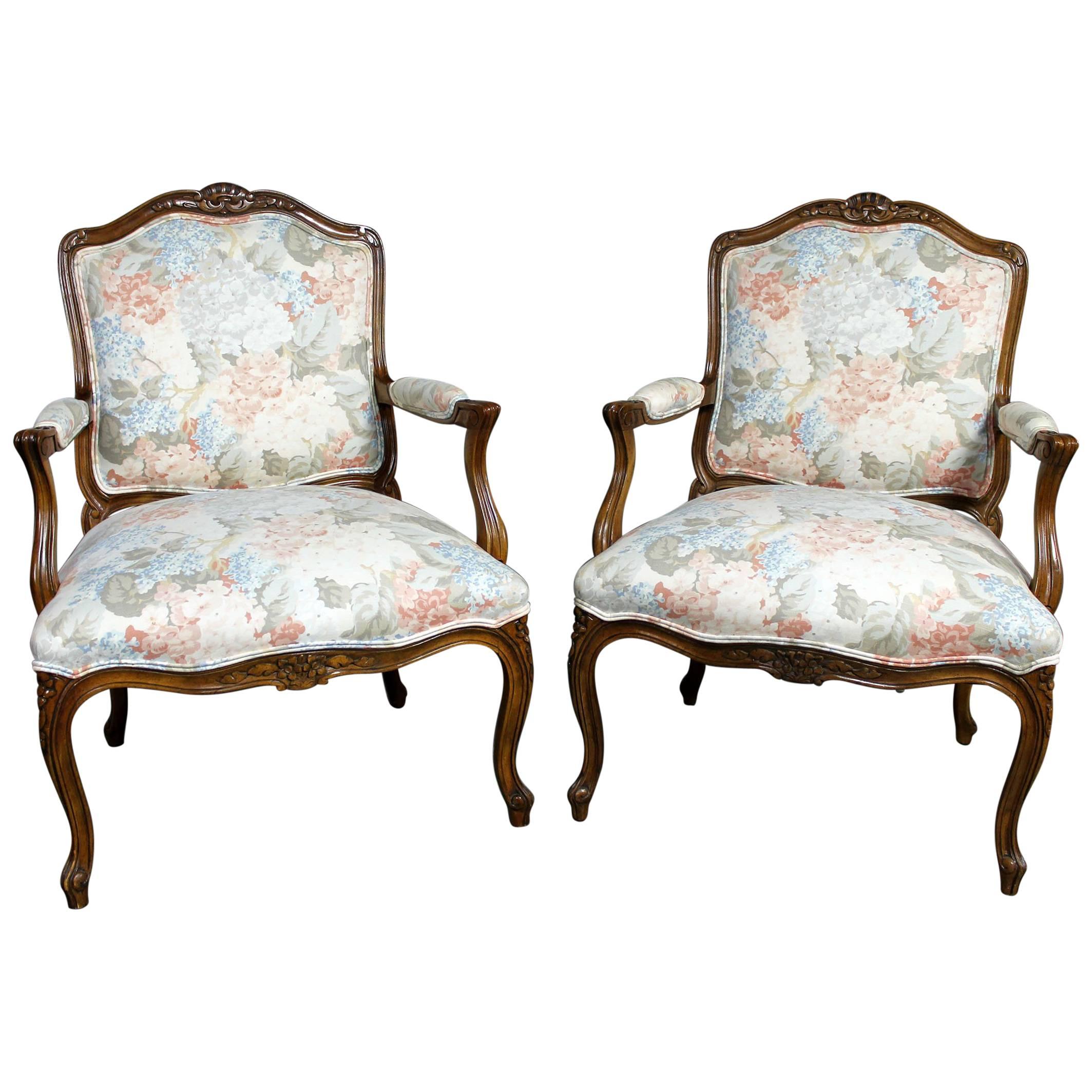 Pair of Louis XV Style French Country Fauteuil Armchairs by Heritage Furniture