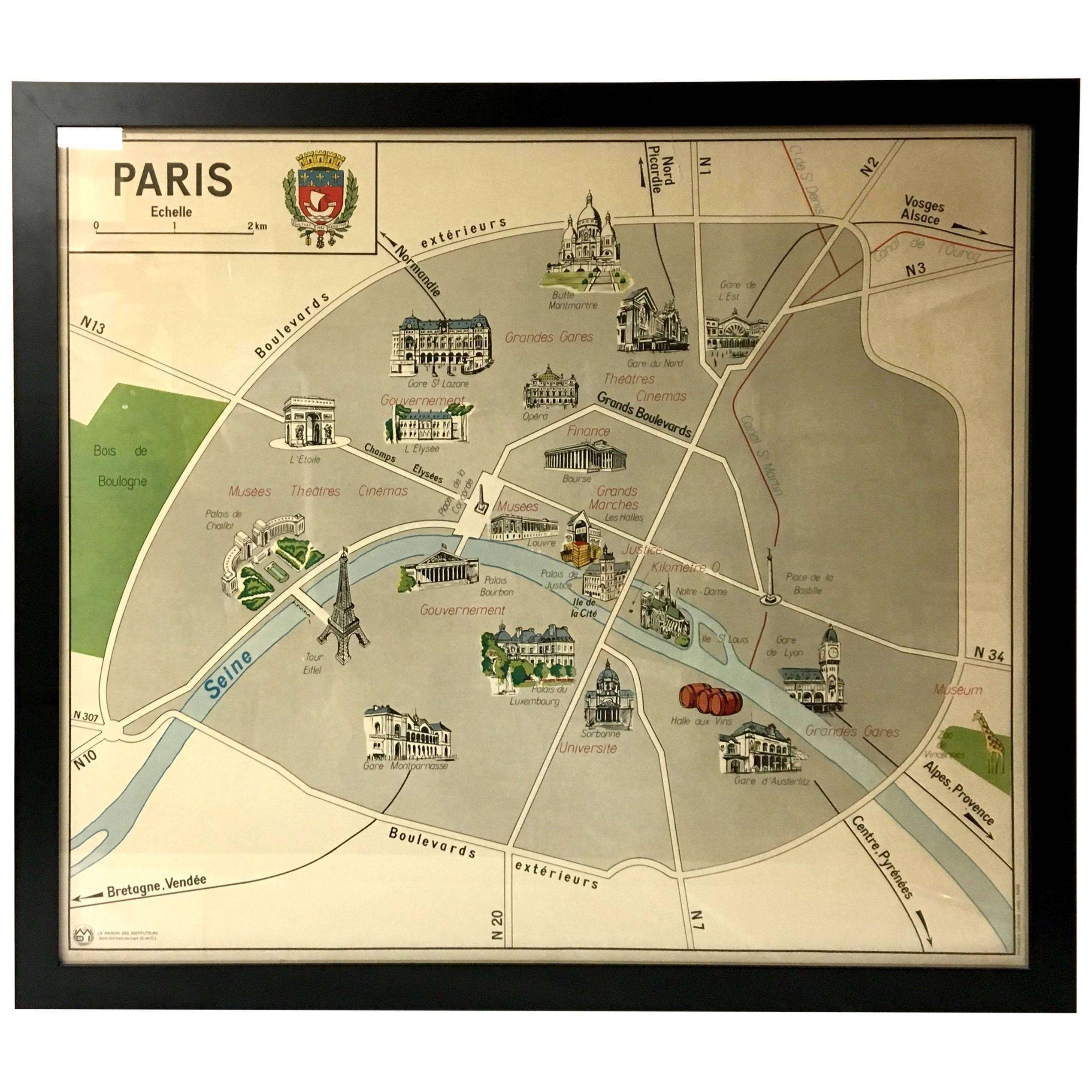 Vintage Paris Metro Area Map Print by Imprimerie Georges Lang Nicely Framed