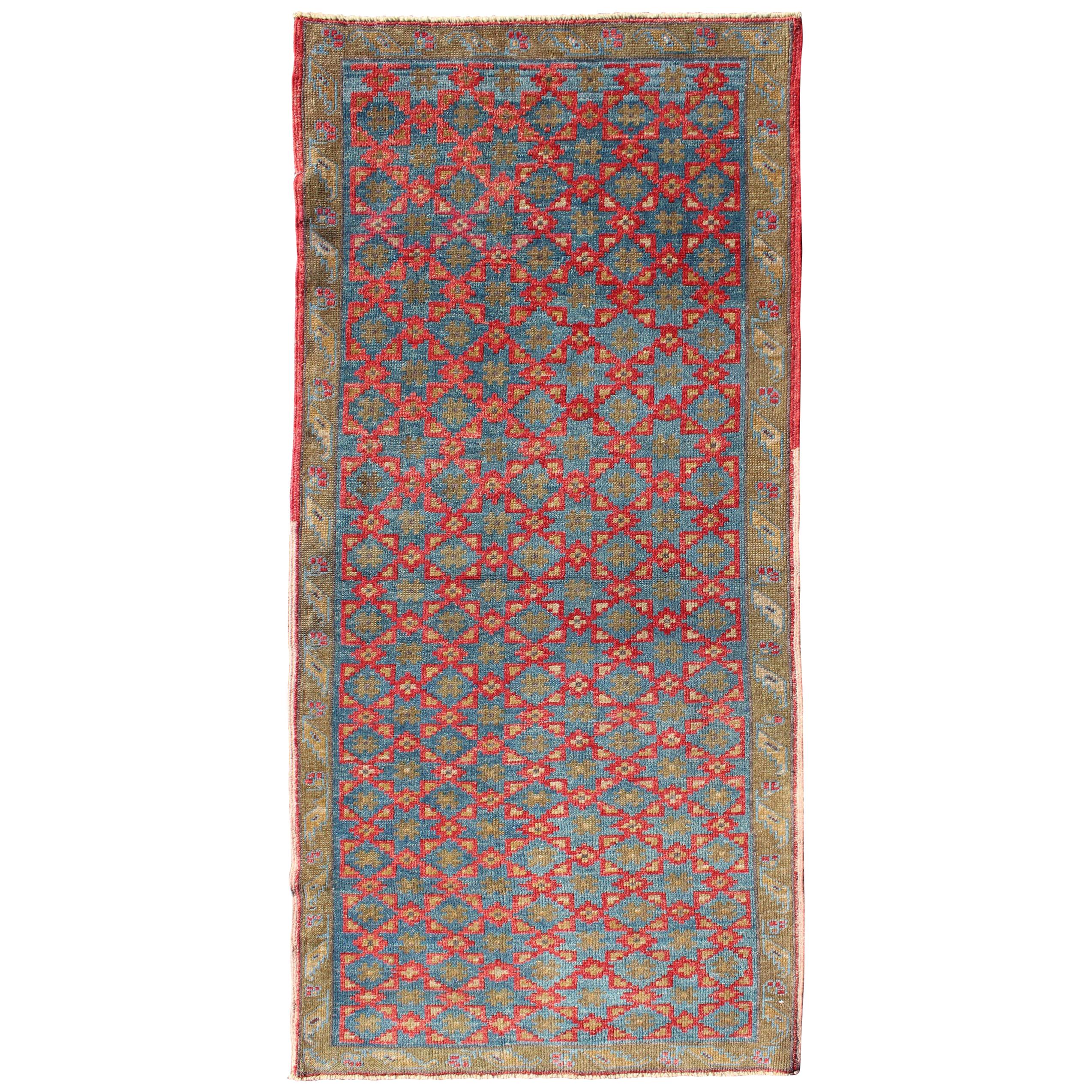 Turkish Konya Rug with All-Over Floral Lattice Design in Red, Blue, Olive Green For Sale