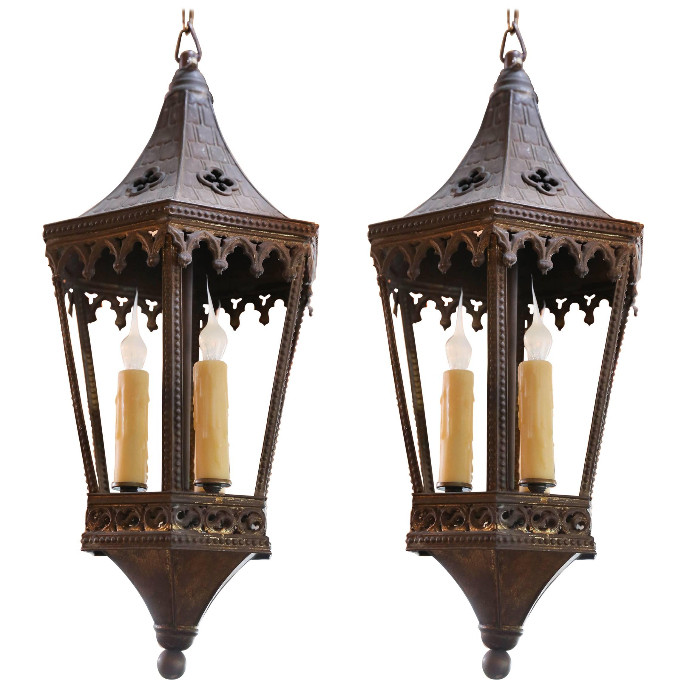 Near-Pair Brass Gothic Revival Lanterns from France, circa 1900
