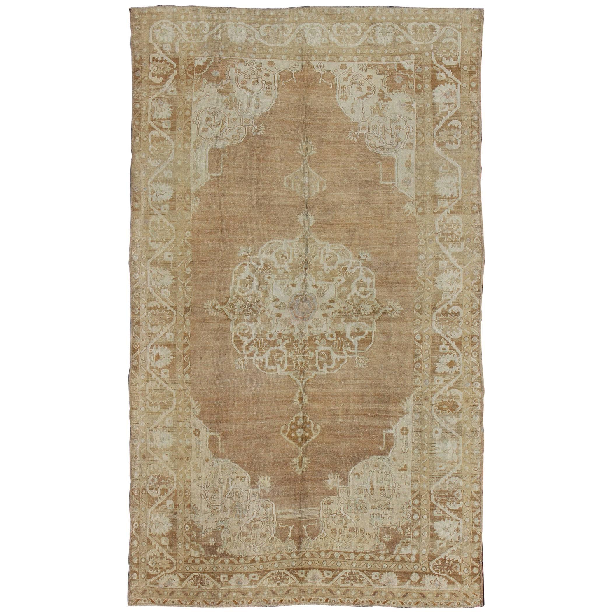 Brown and Ivory Vintage Turkish Rug with Flowers and Elegant Medallion For Sale