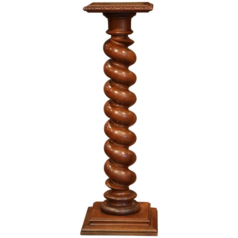 19th Century French Carved Walnut Barley Twist Pedestal with Square Top