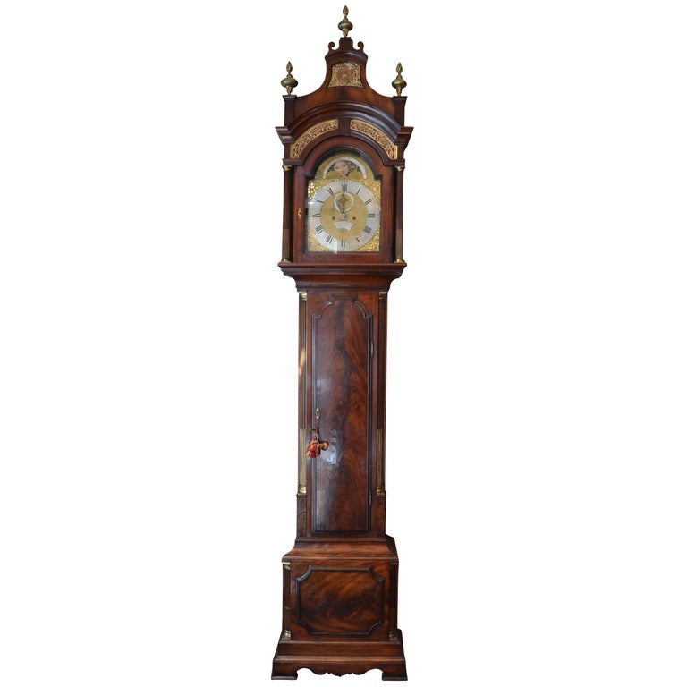 Antique English III Flame Mahogany Tall Case Clock by Peter