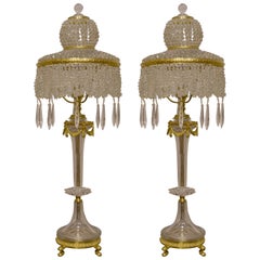 Pair of Antique French Crystal and Bronze Lamps