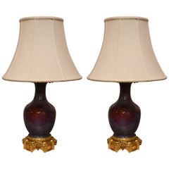 Pair of Antique French Lamps with Rare Porcelain Coloring and Ormolu Mount