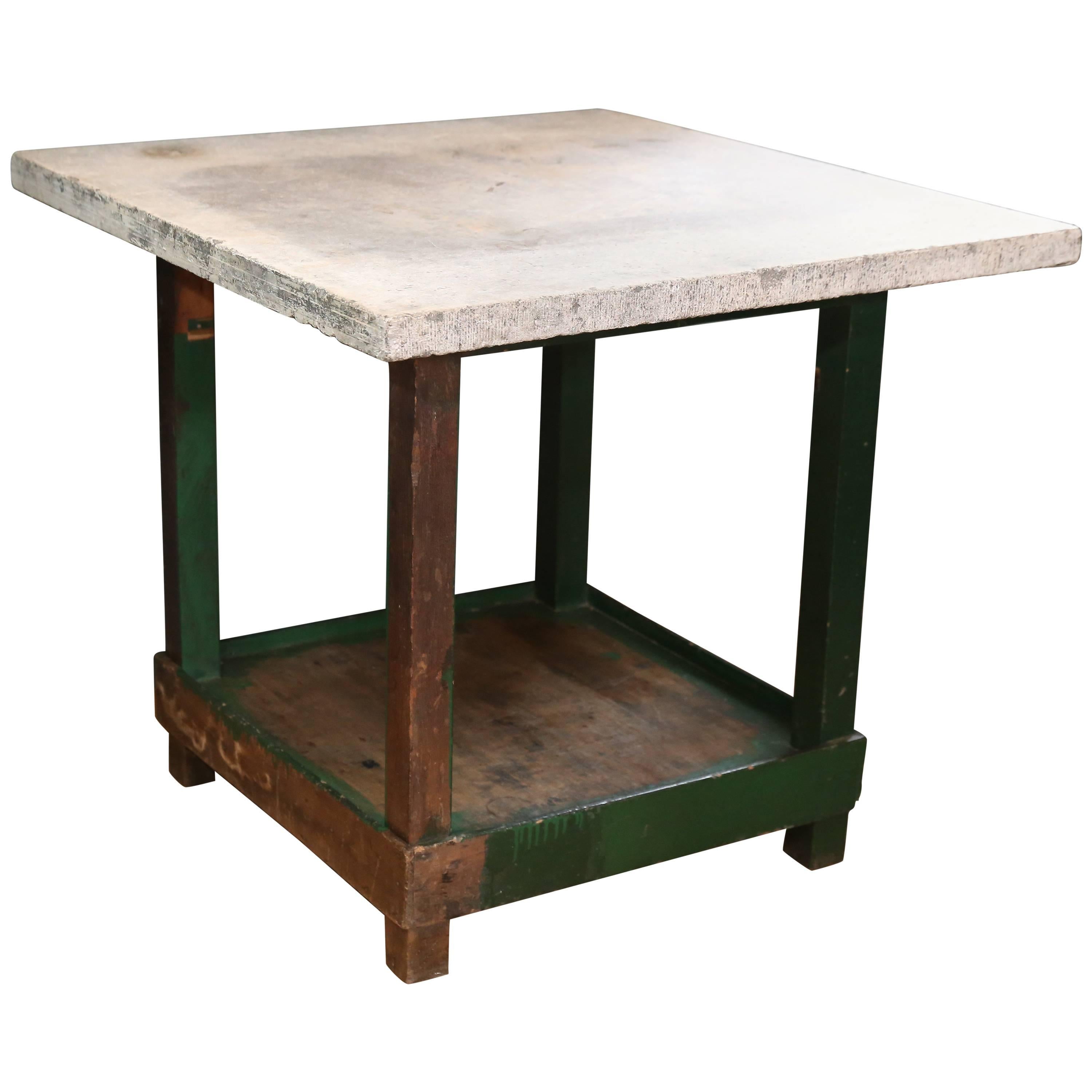 Tall Industrial Green Work Table with Bluestone Top from Belgium, circa 1940
