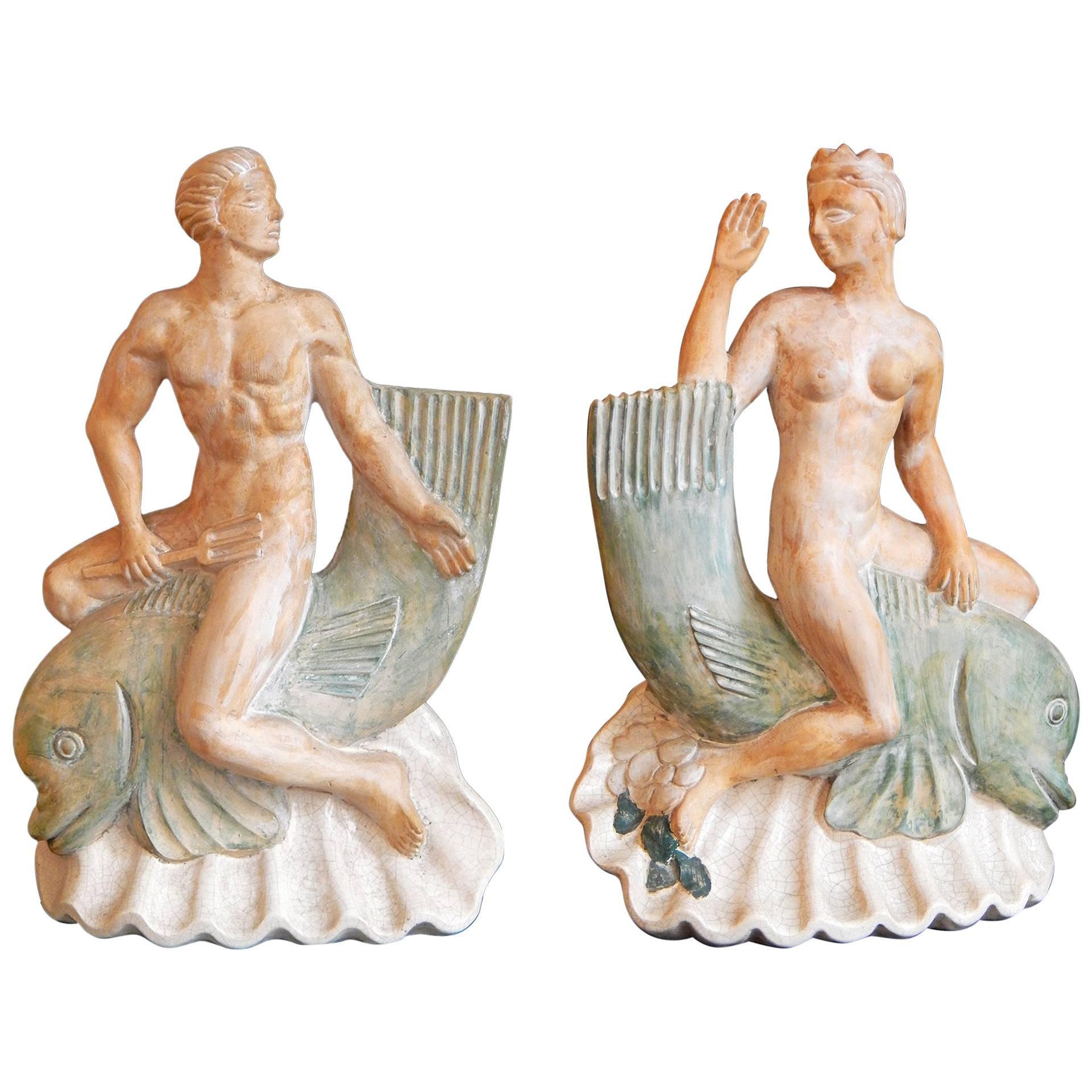 "Neptune & Salacia Riding Dolphins, " Unique Art Deco Sculptures or Lamp Bases