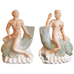 "Neptuno y Salacia montando delfines", esculturas o bases de lámparas Art Decó únicas