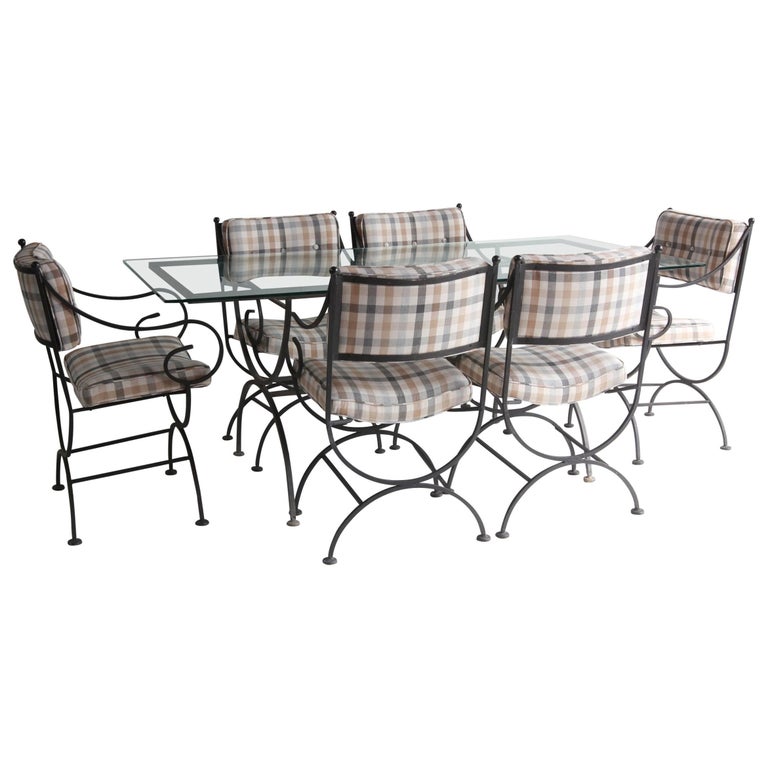 Vintage Black Metal Garden Table with Six Chairs Newly Upholstered in Plaid at 1stDibs
