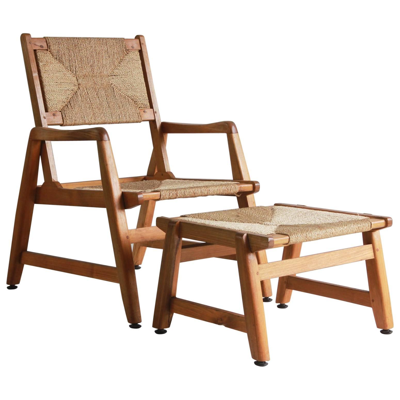 Danish Wood Framed Chair and Ottoman with Woven Rush Details
