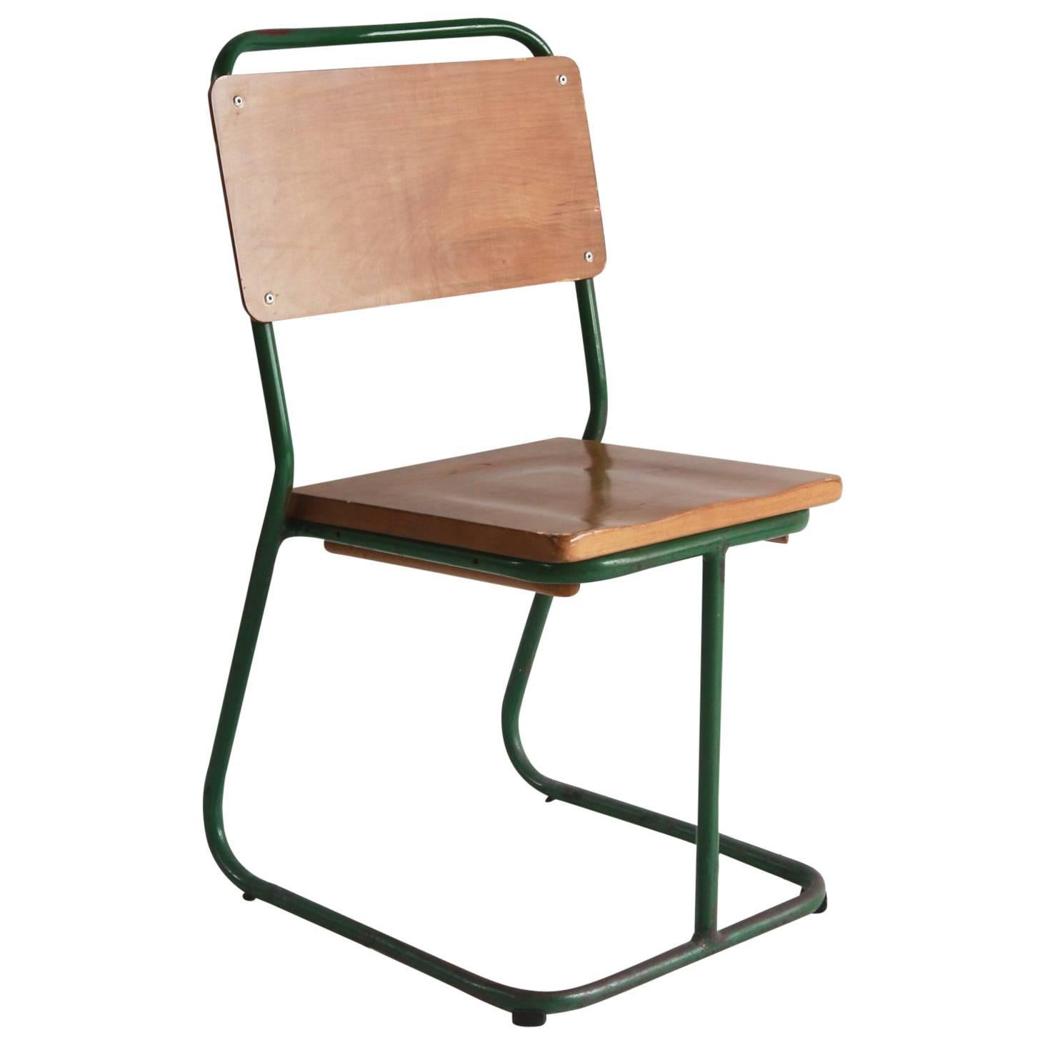 Prouve Style Green Painted Metal Chair with Wood Seat and Back