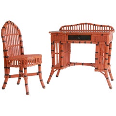 Orange and Black Painted Wicker Desk and Side Chair Set