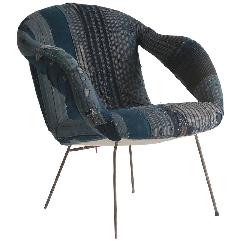 Mid-Century Style Armchair Upholstered in Indigo African Fabric